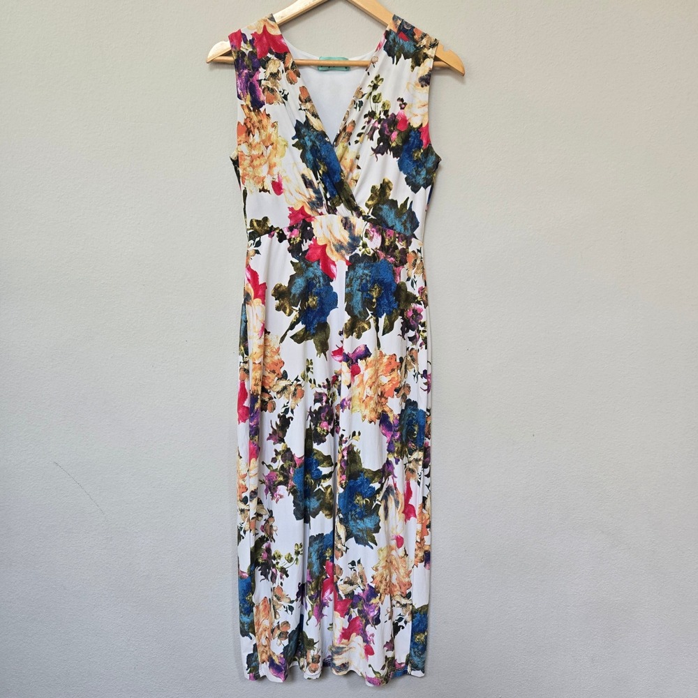 Filly Flair Dress Womens Medium White Floral Sleeveless V-Neck Maxi Boho Casual
